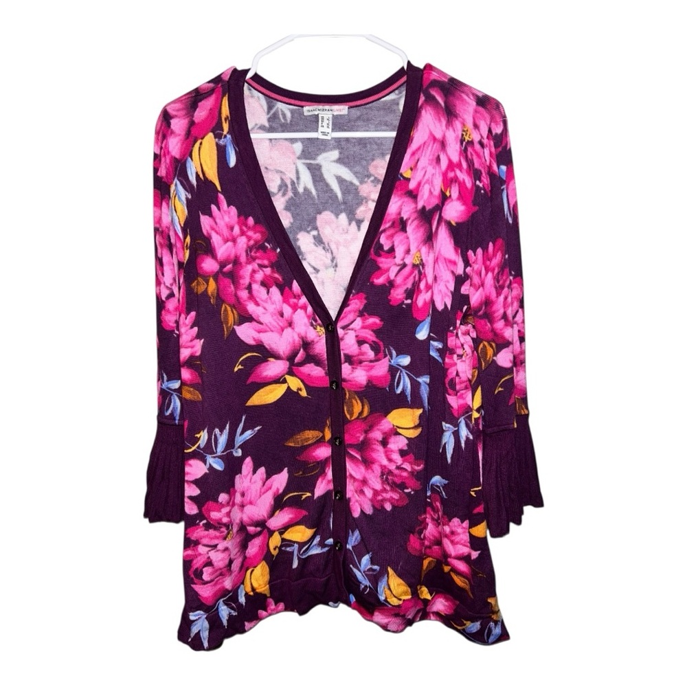 Isaac Mizrahi Floral Cardigan with Pink and Purple Accents - Picture 2 of 4